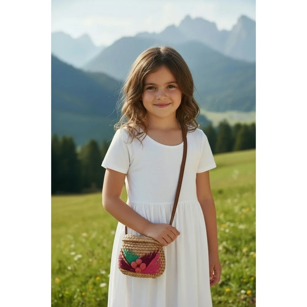Handwoven Guatemalan Childs Girl‎ Straw Purse Leather Strap Pink Floral Design